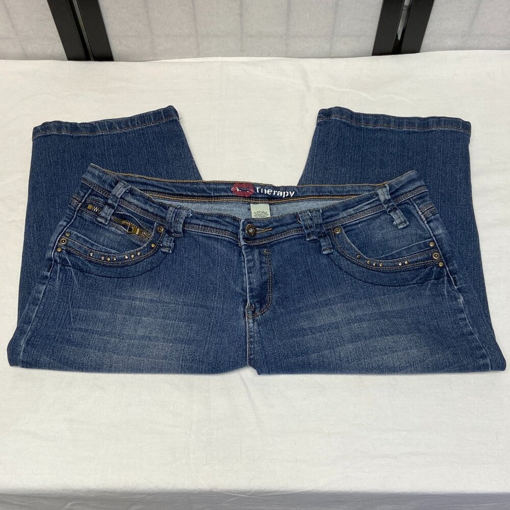 Kiss Therapy Embellished Zip Pocket Faded Capri Crop Denim Jeans Medium Wash 16 - Picture 7 of 14
